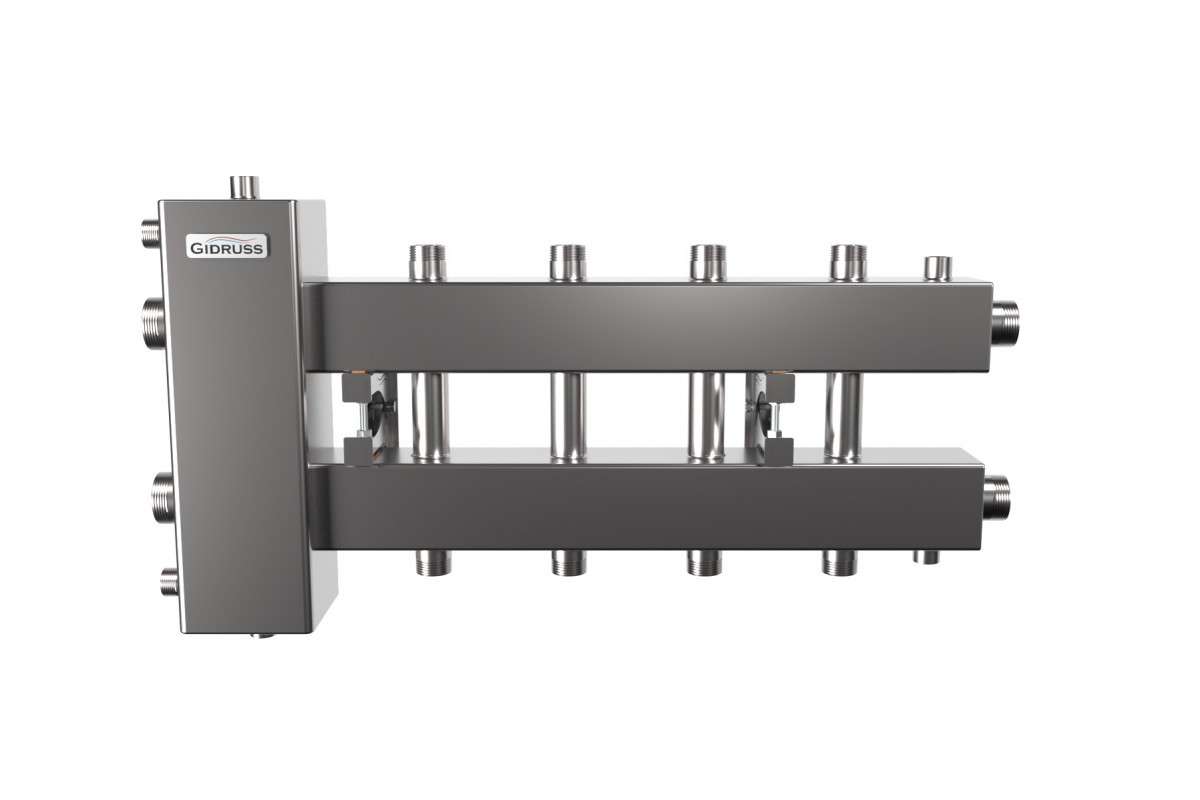Гидрострелка с коллектором на 5 контуров BMSS-150-5DU (нерж., до 150 кВт,  подкл. котла G 1½″, 2+2 контура G 1″, боковой контур G 1½″)